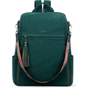 Women's Dark Green Suede Style Backpack Designer 15.6 inch PU Leather Laptop Bag